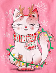 Niña Gato Luces Navideñas Camisetas estampadas