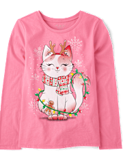 Niña Gato Luces Navideñas Camisetas estampadas