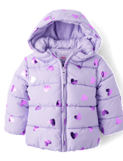 Toddler Girls Foil Heart Quilted Puffer Jacket