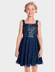 Girls Sequin Mesh Fit & Flare Dress