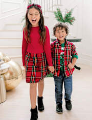 Girls Plaid Ribbed Fit And Flare Dress