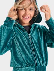 Girls Ribbed Velour Cropped Zip Up Hoodie