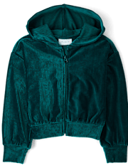 Girls Ribbed Velour Cropped Zip Up Hoodie
