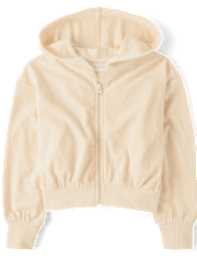 Fille Ribbed Velour Cropped Zip Up à capuchon