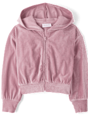 Girls Ribbed Velour Cropped Zip Up Hoodie