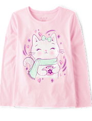 T-shirt graphique pour filles avec motif de chocolat chaud et chat