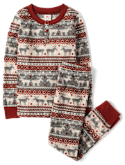 Kids Matching Family Moose Fairisle Thermal Henley Pajamas