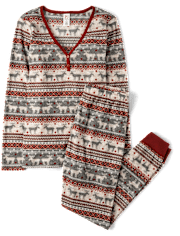 Womens Matching Family Moose Fairsle Thermal Henley Pajamas