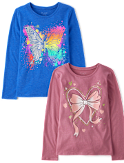 Girls Bow Butterfly Graphic Tee 2-Pack