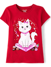 Girls Valentine's Day Cat Graphic Tee