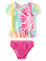 Baby And Toddler Girls Rainbow Tie Dye Peplum Rashguard Swimsuit