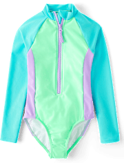 Girls Colorblock Rashguard One Piece Swimsuit