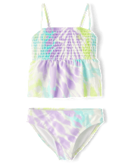 Girls Print Smocked Tankini Swimsuit