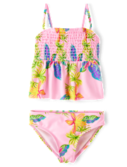 Girls Print Smocked Tankini Swimsuit
