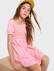 Girls Mommy And Me Gingham Poplin Smocked Ruffle Dress