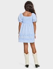 Girls Mommy And Me Gingham Poplin Smocked Ruffle Dress