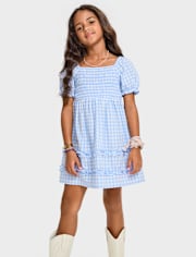Girls Mommy And Me Gingham Poplin Smocked Ruffle Dress