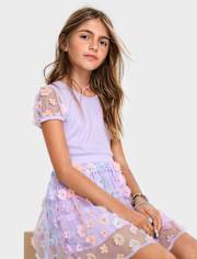 Girls 3D Flower Mesh Fit And Flare Dress