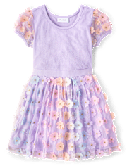 Girls 3D Flower Mesh Fit And Flare Dress