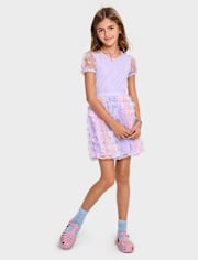 Girls 3D Flower Mesh Fit And Flare Dress