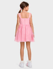 Girls 3D Rosette Mesh Fit And Flare Dress