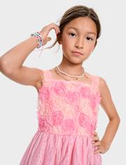 Girls 3D Rosette Mesh Fit And Flare Dress