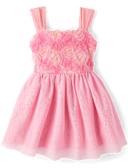 Girls 3D Rosette Mesh Fit And Flare Dress