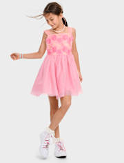 Girls 3D Rosette Mesh Fit And Flare Dress