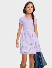 Girls Floral Ribbed Fit And Flare Dress
