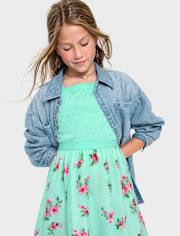 Girls Floral Smocked Fit And Flare Dress
