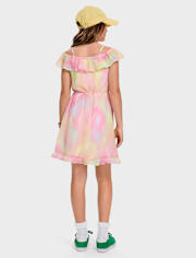 Girls Rainbow Tie Dye Off Shoulder Dress