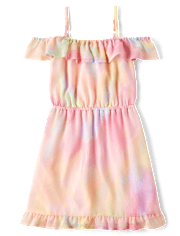Girls Rainbow Tie Dye Off Shoulder Dress