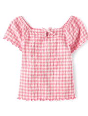 Girls Gingham Smocked Keyhole Top