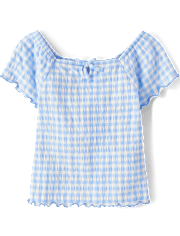 Girls Gingham Smocked Keyhole Top