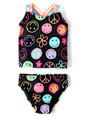 Baby And Toddler Girls Rainbow Happy Face Tankini Swimsuit