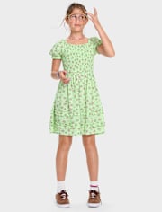 Girls Floral Smocked Ruffle Dress