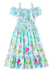 Girls Matching Family Tropical Midi Off Shoulder Dress