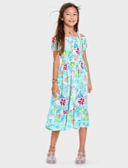 Girls Matching Family Tropical Midi Off Shoulder Dress
