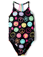 Girls Rainbow Happy Face One Piece Swimsuit