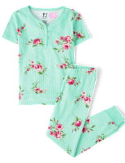 Pyjama en coton à imprimé floral Henley Pointelle pour fille, coupe ajustée
