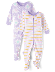 Baby And Toddler Girls Rainbow Floral Snug Fit Cotton Footed One Piece Pajamas 2-Pack