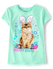 Girls Easter Cat Graphic Tee