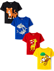 Lot de 4 t-shirts à imprimé animal pour bébés et tout-petits garçons
