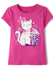Girls Cat Drink Graphic Tee