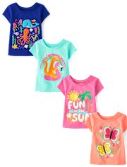 Lot de 4 t-shirts graphiques d'été pour bébés et petites filles