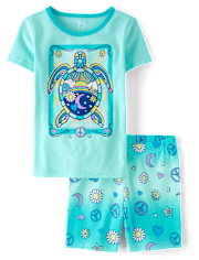Girls Turtle Snug Fit Cotton Pajamas