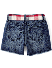 Girls Gingham Belted Denim Shortie Shorts