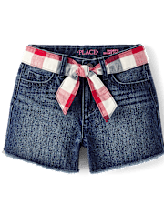 Girls Gingham Belted Denim Shortie Shorts