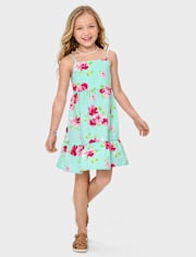 Girls Floral Bow Back Poplin Tiered Dress