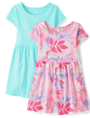 Girls Tropical Leaf Everyday Dress 2-Pack
